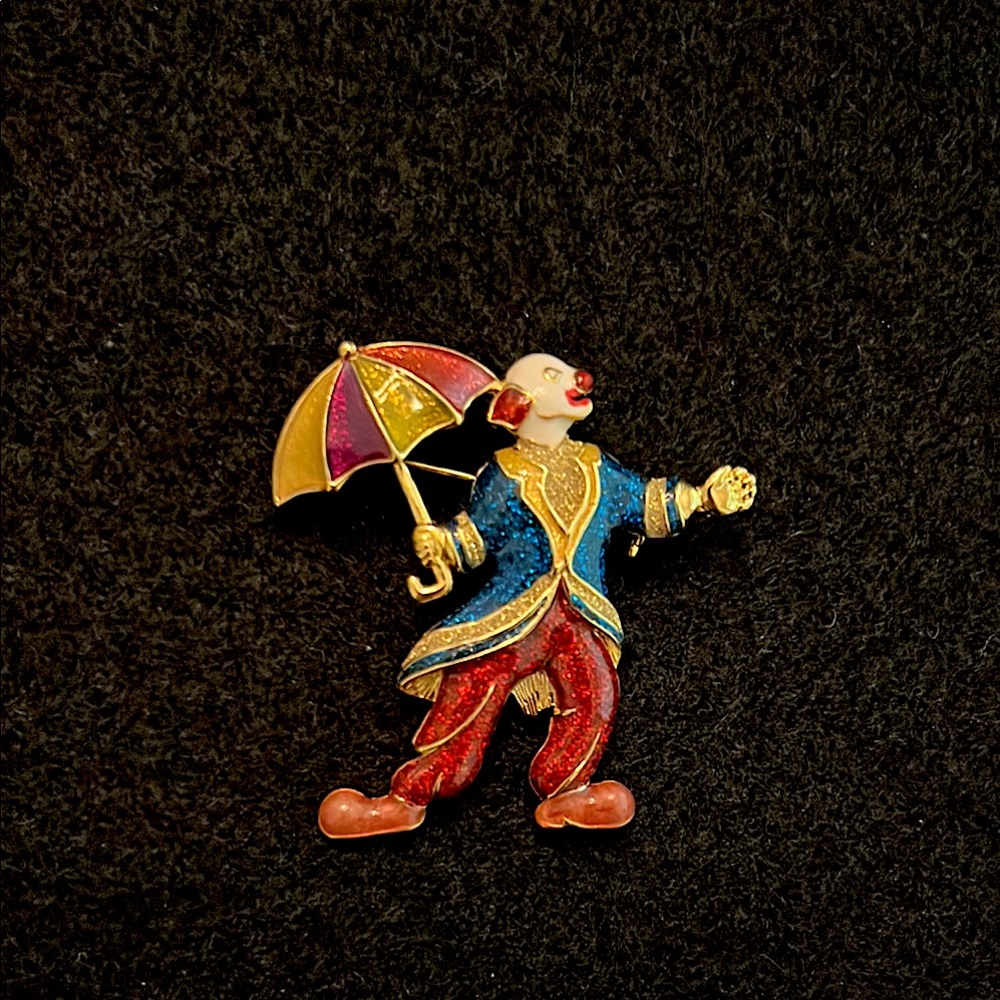 Vintage Plainville Stock Company Dancing Clown with Umbrella Brooch